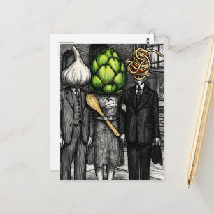 Een knoflook, een artisjok en een spaghetti vork g briefkaart