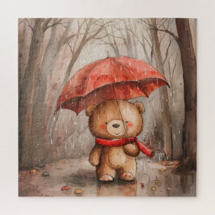 Een knuffelende teddybeer in de regen legpuzzel