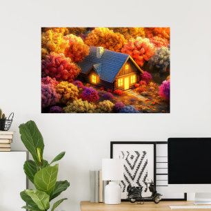 Een knus huisje genesteld in het hart van een bos poster
