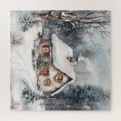 Een knus huisje in de winter legpuzzel (Horizontaal)