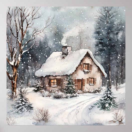 Een knus huisje in de winter poster (Voorkant)