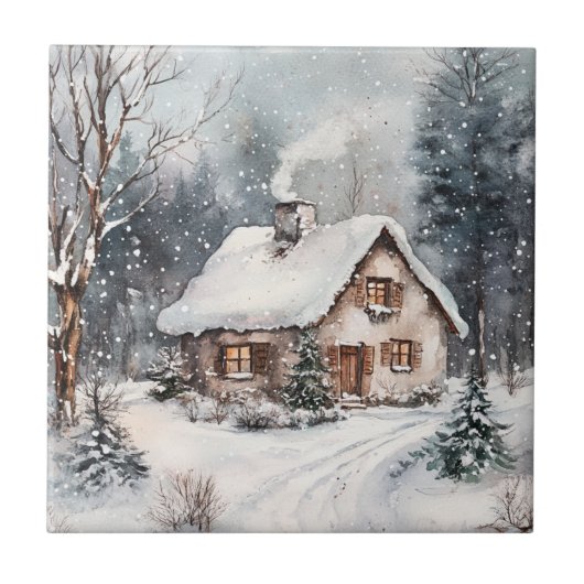 Een knus huisje in de winter tegeltje (Voorkant)