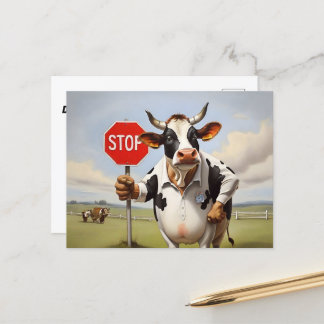 Een koe met een stopteken briefkaart