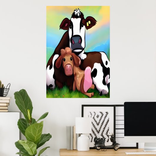 Een koe moeder en kind | AI Art Poster (Thuiskantoor)