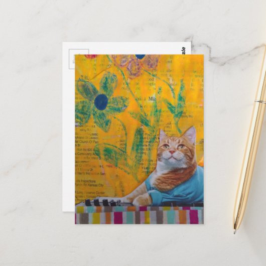 Een koele gemberkat mixed media collage briefkaart (Voorkant / Achterkant in situ)