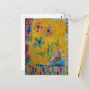 Een koele gemberkat op geel mixed media collage briefkaart