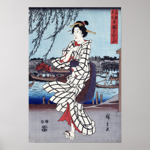 Een koele zomernamiddag bij de brug, Utagawa Hiros Poster