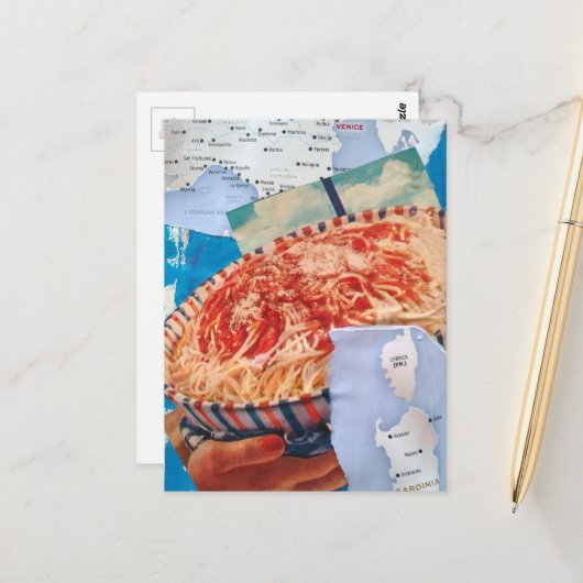 een kom spaghetti en Italiaanse collage Briefkaart (Voorkant / Achterkant in situ)