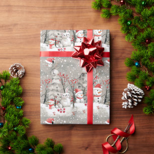 Een konijn en een sneeuwpop in een besneeuwd bos cadeaupapier