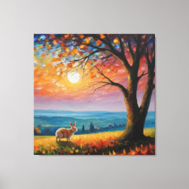 Een konijn in een veld met een boom en zonsonderga canvas afdruk