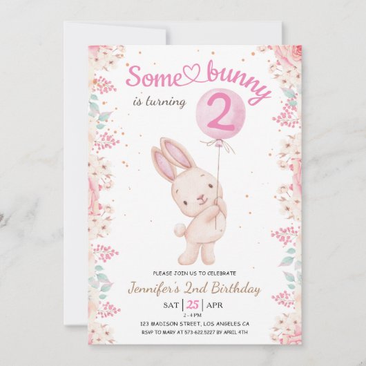 Een konijn is twee! 2e verjaardag meisje roze ball kaart (Voorkant)