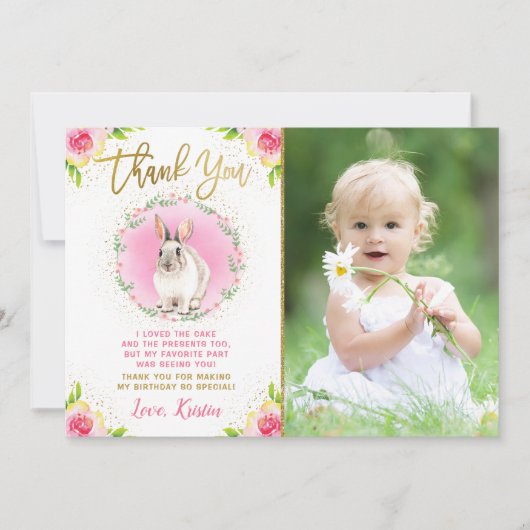 Een Konijn Roze Bloemig Goud Glitter Foto Verjaard Bedankkaart (Voorkant)