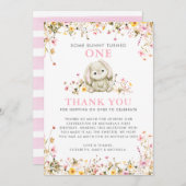 Een konijn werd de eerste verjaardag van een roze bedankkaart (Voorkant / Achterkant)