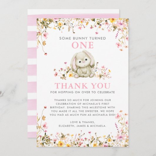 Een konijn werd de eerste verjaardag van een roze  bedankkaart (Voorkant / Achterkant)