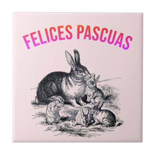 Een konijnenfamilie - Felices Pascuas Tegeltje (Voorkant)