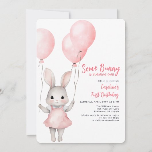 Een konijntje roze meisje eerste verjaardag kaart (Voorkant)