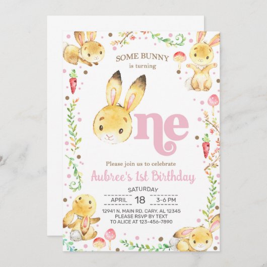 Een konijntje wordt een meisje, 1e verjaardag. kaart (Voorkant / Achterkant)