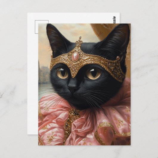 Een koninklijke zwarte kat in roze en goud briefkaart (Voorkant / Achterkant)