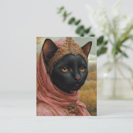 Een koninklijke zwarte kat in roze gewaden en goud briefkaart (Staand voorkant)