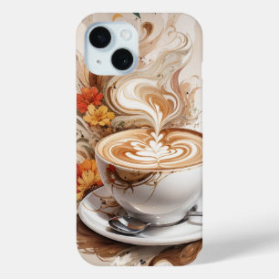 Een kopje cappuccino met bloemen achtergrond iPhone 15 case