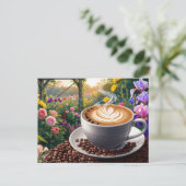 Een kopje koffie en een prachtige bloementuin  briefkaart (Staand voorkant)