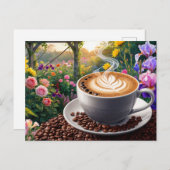 Een kopje koffie en een prachtige bloementuin  briefkaart (Voorkant / Achterkant)