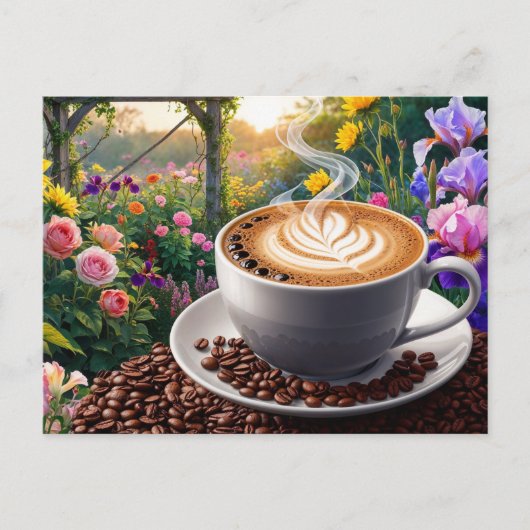 Een kopje koffie en een prachtige bloementuin  briefkaart (Voorkant)
