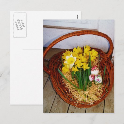 Een korf van gele diaffodils en paasgriep feestdagenkaart (Voorkant / Achterkant)