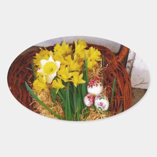 Een korf van gele diaffodils en paasgriep ovale sticker (Voorkant)