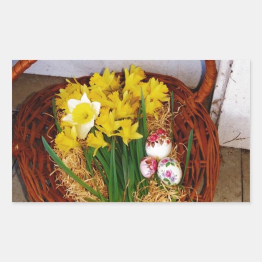 Een korf van gele diaffodils en paasgriep rechthoekige sticker (Voorkant)