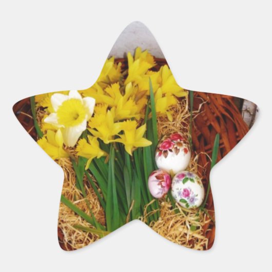 Een korf van gele diaffodils en paasgriep ster sticker (Voorkant)