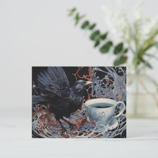 Een kraai en koffie briefkaart (Staand voorkant)