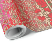 Een kruissteek patroon met rode bloemen en wijnsto cadeaupapier (Rol Hoek)