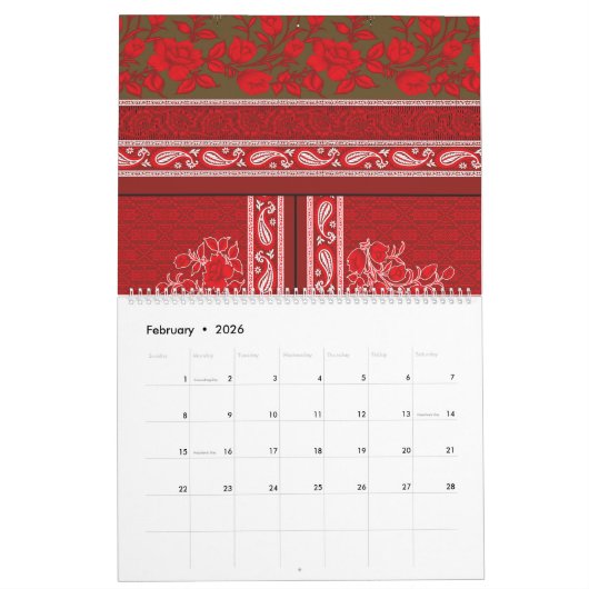 Een kruissteek patroon met rode bloemen en wijnsto kalender (Feb 2026)