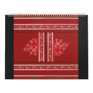Een kruissteek patroon met rode bloemen en wijnsto kalender
