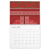 Een kruissteek patroon met rode bloemen en wijnsto kalender (Jan 2026)