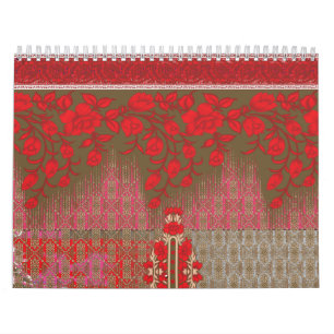 Een kruissteek patroon met rode bloemen en wijnsto kalender
