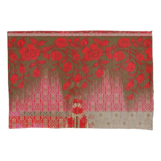 Een kruissteek patroon met rode bloemen en wijnsto kussensloop (Voorkant)