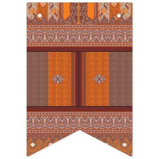 Een kruissteekpatroon in sinaasappel en bruin vlaggetjes (Eerste vlag)