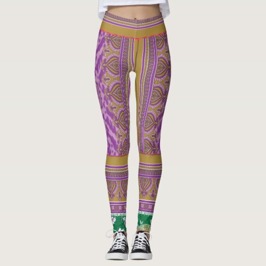 Een kruissteekpatroon met een paarse en gele B Leggings (Voorkant)