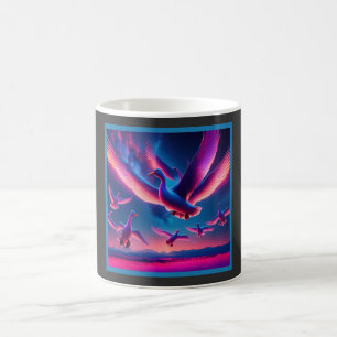 Een kudde roze neon ganzen zweeft in de nachtelijk koffiemok