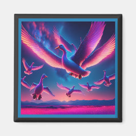 Een kudde roze neon ganzen zweeft in de nachtelijk magneet