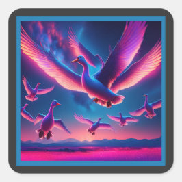 Een kudde roze neon ganzen zweeft in de nachtelijk vierkante sticker