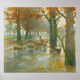 Een kudde schapen met schaap op een regenachtige d poster