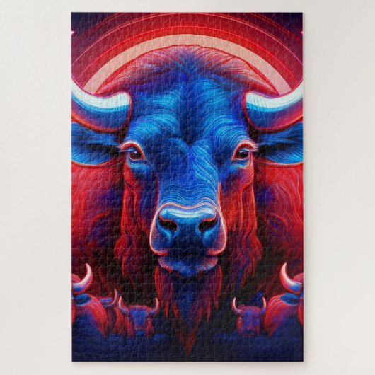 Een kudde van rode witte en blauwe buffels legpuzzel (Verticaal)