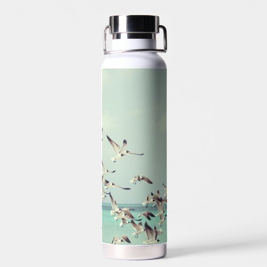 Een kudde vliegende meeuwen boven de oceaan. waterfles (Achterkant)