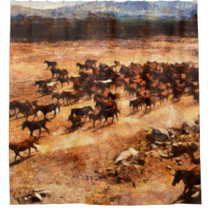 Een kudde wilde renpaarden. Kunstwerk aan de Douchegordijn