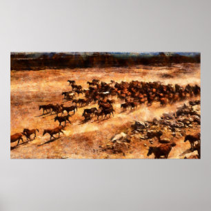 Een kudde wilde renpaarden. Kunstwerk aan de Poster