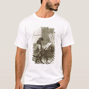 Een kunstenaar die kopieert op een bord met de gra t-shirt