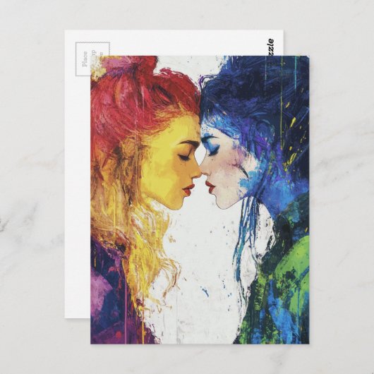 Een kus kleurrijk lesbisch paar briefkaart (Voorkant / Achterkant)